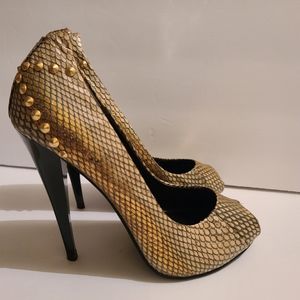 DMSX Donald J Pliner Sz 6.5M Gold Snake Print Stilettos Heels Pumps Open…
